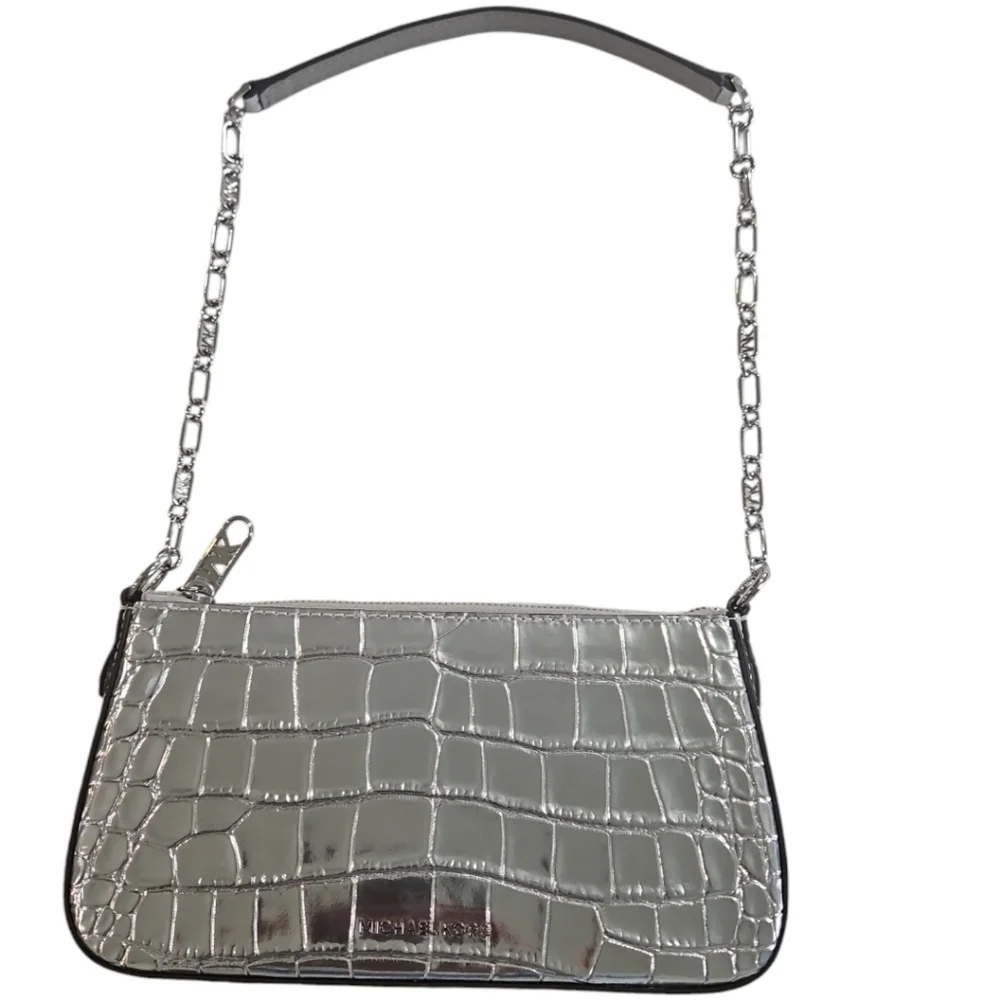 Michael Kors Cocktail Silver Metallic Leather Shoulder Pochette Bag